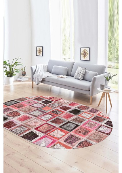 Dijital Kaymaz Yıkanabilir Patchwork Oval Yolluk Mutfak Salon Halısı, N-O-Patchwork-14-Kırmızı, fırsatları