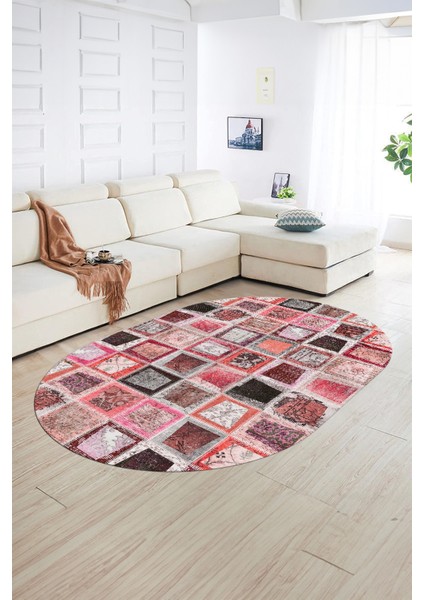 Dijital Kaymaz Yıkanabilir Patchwork Oval Yolluk Mutfak Salon Halısı, N-O-Patchwork-14-Kırmızı, indirimleri