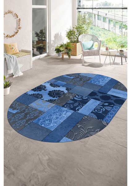 Dijital Kaymaz Yıkanabilir Patchwork Oval Yolluk Mutfak Salon Halısı, N-O-Patchwork-16-Mavi,