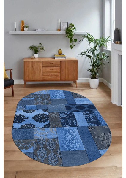 Dijital Kaymaz Yıkanabilir Patchwork Oval Yolluk Mutfak Salon Halısı, N-O-Patchwork-16-Mavi,