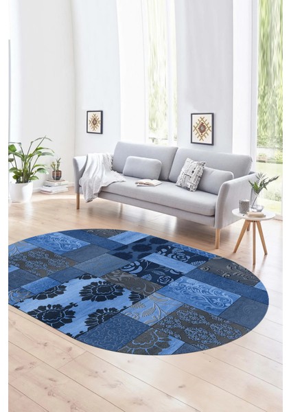 Dijital Kaymaz Yıkanabilir Patchwork Oval Yolluk Mutfak Salon Halısı, N-O-Patchwork-16-Mavi,