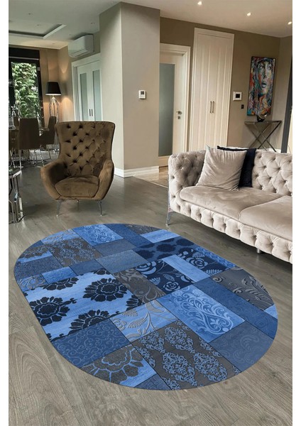Dijital Kaymaz Yıkanabilir Patchwork Oval Yolluk Mutfak Salon Halısı, N-O-Patchwork-16-Mavi, fiyatları