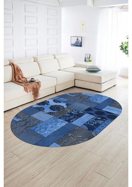 Dijital Kaymaz Yıkanabilir Patchwork Oval Yolluk Mutfak Salon Halısı, N-O-Patchwork-16-Mavi, indirimleri