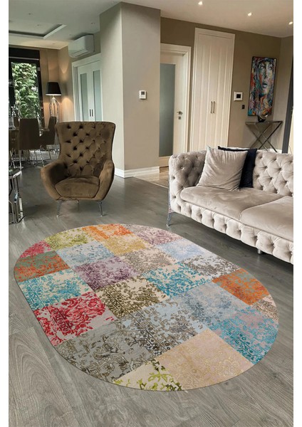 Dijital Kaymaz Yıkanabilir Patchwork Oval Yolluk Mutfak Salon Halısı, N-O-Patchwork-17-Renkli,