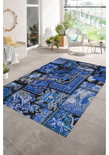 Dijital Baskı Kaymaz Taban Yıkanabilir Patchwork Yolluk Mutfak Salon Halısı, N-Patchwork-12-Mavi,