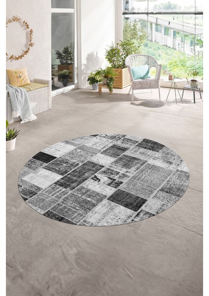 Dijital Kaymaz Yıkanabilir Patchwork Yuvarlak Balkon Mutfak Salon Halısı, N-Y-Patchwork-03-Gri,