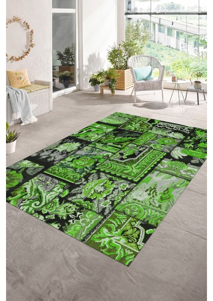 Dijital Baskı Kaymaz Taban Yıkanabilir Patchwork Yolluk Mutfak Salon Halısı, N-Patchwork-12-Yeşil,