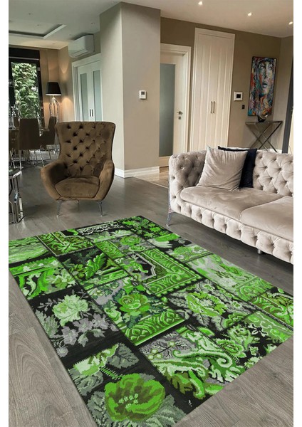 Dijital Baskı Kaymaz Taban Yıkanabilir Patchwork Yolluk Mutfak Salon Halısı, N-Patchwork-12-Yeşil,