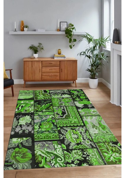 Dijital Baskı Kaymaz Taban Yıkanabilir Patchwork Yolluk Mutfak Salon Halısı, N-Patchwork-12-Yeşil,