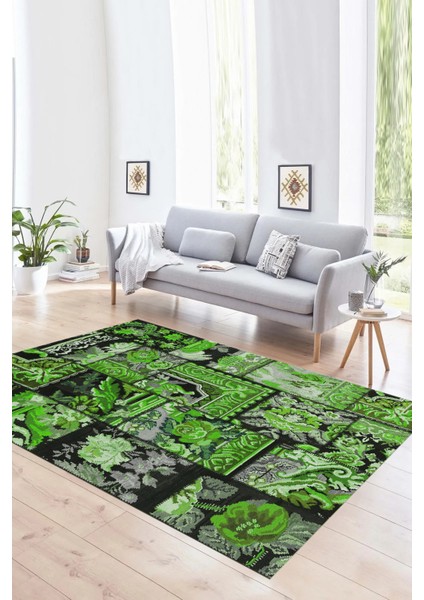 Dijital Baskı Kaymaz Taban Yıkanabilir Patchwork Yolluk Mutfak Salon Halısı, N-Patchwork-12-Yeşil,