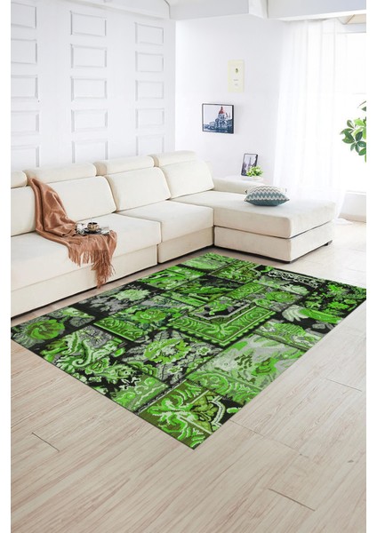 Dijital Baskı Kaymaz Taban Yıkanabilir Patchwork Yolluk Mutfak Salon Halısı, N-Patchwork-12-Yeşil,