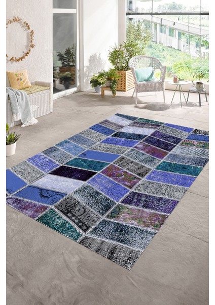 Dijital Baskı Kaymaz Taban Yıkanabilir Patchwork Yolluk Mutfak Salon Halısı, N-Patchwork-10-Mavi,