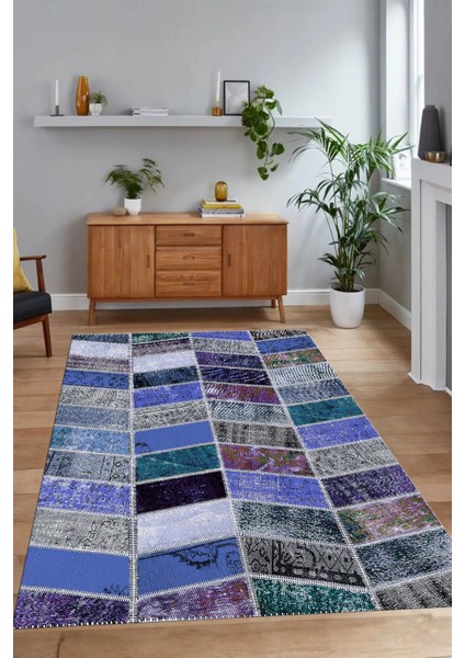 Dijital Baskı Kaymaz Taban Yıkanabilir Patchwork Yolluk Mutfak Salon Halısı, N-Patchwork-10-Mavi,