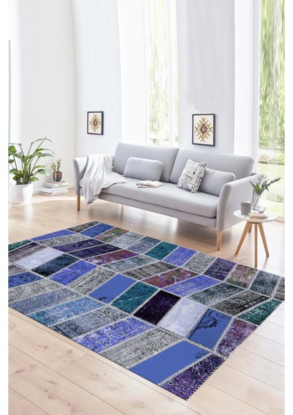 Dijital Baskı Kaymaz Taban Yıkanabilir Patchwork Yolluk Mutfak Salon Halısı, N-Patchwork-10-Mavi,