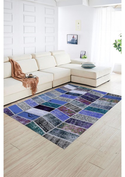 Dijital Baskı Kaymaz Taban Yıkanabilir Patchwork Yolluk Mutfak Salon Halısı, N-Patchwork-10-Mavi,