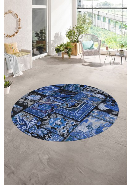 Dijital Kaymaz Yıkanabilir Patchwork Yuvarlak Balkon Mutfak Salon Halısı, N-Y-Patchwork-12-Mavi,