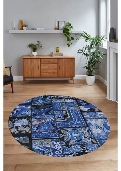 Dijital Kaymaz Yıkanabilir Patchwork Yuvarlak Balkon Mutfak Salon Halısı, N-Y-Patchwork-12-Mavi, modelleri