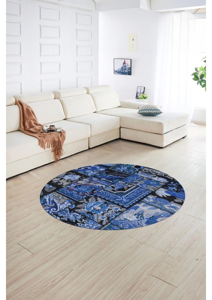 Dijital Kaymaz Yıkanabilir Patchwork Yuvarlak Balkon Mutfak Salon Halısı, N-Y-Patchwork-12-Mavi, indirimleri