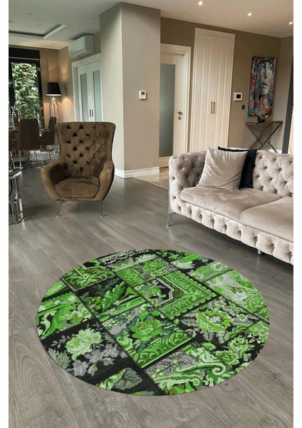 Dijital Kaymaz Yıkanabilir Patchwork Yuvarlak Balkon Mutfak Salon Halısı, N-Y-Patchwork-12-Yeşil,