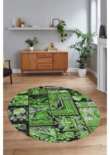 Dijital Kaymaz Yıkanabilir Patchwork Yuvarlak Balkon Mutfak Salon Halısı, N-Y-Patchwork-12-Yeşil,