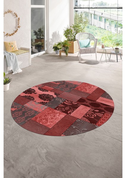 Dijital Kaymaz Yıkanabilir Patchwork Yuvarlak Balkon Mutfak Salon Halısı, N-Y-Patchwork-16-Kırmızı,