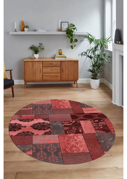 Dijital Kaymaz Yıkanabilir Patchwork Yuvarlak Balkon Mutfak Salon Halısı, N-Y-Patchwork-16-Kırmızı, modelleri