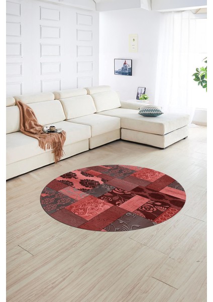 Dijital Kaymaz Yıkanabilir Patchwork Yuvarlak Balkon Mutfak Salon Halısı, N-Y-Patchwork-16-Kırmızı, indirimleri