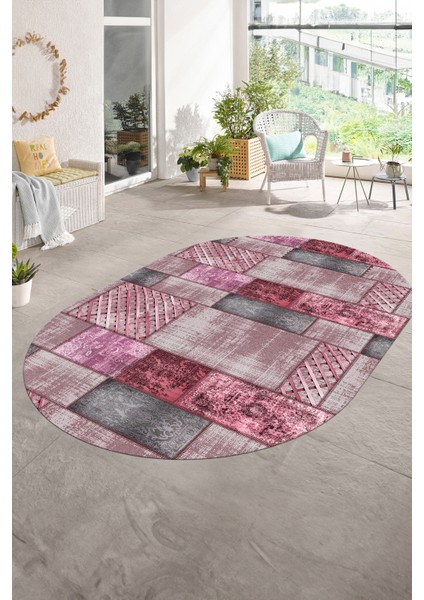 Dijital Kaymaz Yıkanabilir Patchwork Oval Yolluk Mutfak Salon Halısı, N-O-Patchwork-18-Pembe,