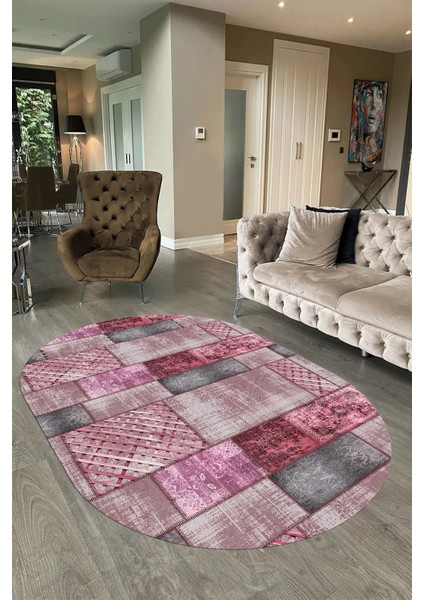Dijital Kaymaz Yıkanabilir Patchwork Oval Yolluk Mutfak Salon Halısı, N-O-Patchwork-18-Pembe, fiyatları