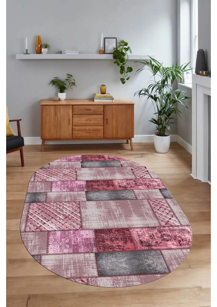 Dijital Kaymaz Yıkanabilir Patchwork Oval Yolluk Mutfak Salon Halısı, N-O-Patchwork-18-Pembe, modelleri