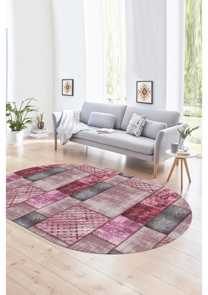 Dijital Kaymaz Yıkanabilir Patchwork Oval Yolluk Mutfak Salon Halısı, N-O-Patchwork-18-Pembe, fırsatları