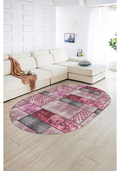Dijital Kaymaz Yıkanabilir Patchwork Oval Yolluk Mutfak Salon Halısı, N-O-Patchwork-18-Pembe, indirimleri