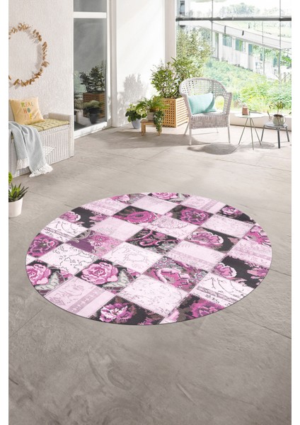 Dijital Kaymaz Yıkanabilir Patchwork Yuvarlak Balkon Mutfak Salon Halısı, N-Y-Patchwork-19-Pembe,