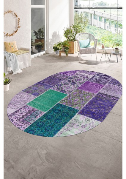 Dijital Kaymaz Yıkanabilir Patchwork Oval Yolluk Mutfak Salon Halısı, N-O-Patchwork-01-Mor,