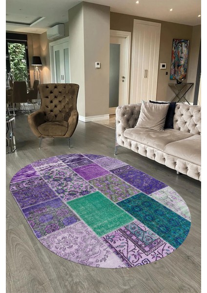 Dijital Kaymaz Yıkanabilir Patchwork Oval Yolluk Mutfak Salon Halısı, N-O-Patchwork-01-Mor, fiyatları