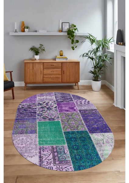 Dijital Kaymaz Yıkanabilir Patchwork Oval Yolluk Mutfak Salon Halısı, N-O-Patchwork-01-Mor, modelleri