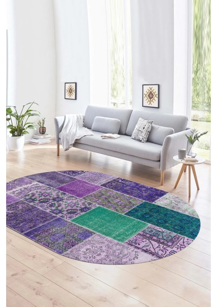 Dijital Kaymaz Yıkanabilir Patchwork Oval Yolluk Mutfak Salon Halısı, N-O-Patchwork-01-Mor, fırsatları