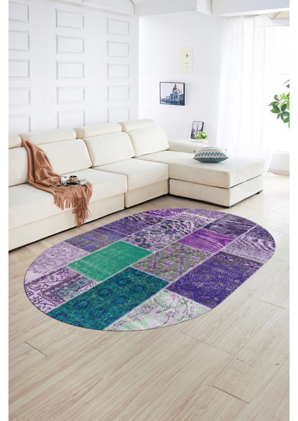 Dijital Kaymaz Yıkanabilir Patchwork Oval Yolluk Mutfak Salon Halısı, N-O-Patchwork-01-Mor, indirimleri