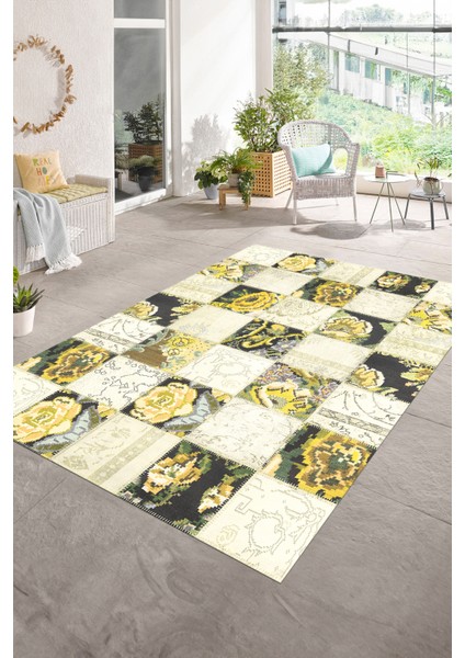 Dijital Baskı Kaymaz Taban Yıkanabilir Patchwork Yolluk Mutfak Salon Halısı, N-Patchwork-19-Sarı,