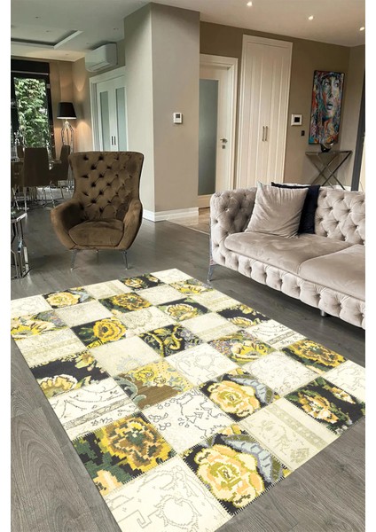 Dijital Baskı Kaymaz Taban Yıkanabilir Patchwork Yolluk Mutfak Salon Halısı, N-Patchwork-19-Sarı, fiyatları