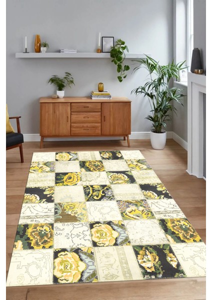 Dijital Baskı Kaymaz Taban Yıkanabilir Patchwork Yolluk Mutfak Salon Halısı, N-Patchwork-19-Sarı, modelleri