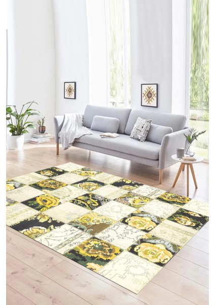 Dijital Baskı Kaymaz Taban Yıkanabilir Patchwork Yolluk Mutfak Salon Halısı, N-Patchwork-19-Sarı, fırsatları