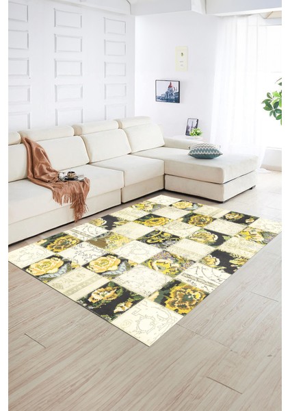 Dijital Baskı Kaymaz Taban Yıkanabilir Patchwork Yolluk Mutfak Salon Halısı, N-Patchwork-19-Sarı, indirimleri