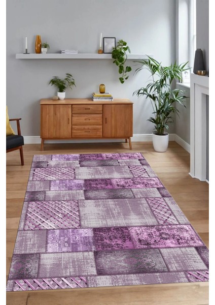 Dijital Baskı Kaymaz Taban Yıkanabilir Patchwork Yolluk Mutfak Salon Halısı, N-Patchwork-18-Mor,