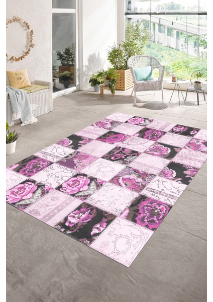 Dijital Baskı Kaymaz Taban Yıkanabilir Patchwork Yolluk Mutfak Salon Halısı, N-Patchwork-19-Pembe,