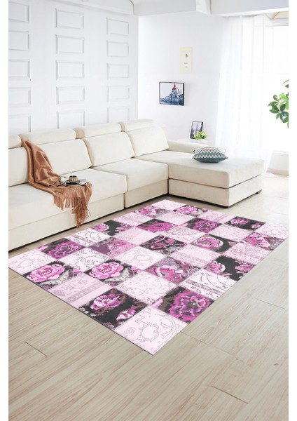 Dijital Baskı Kaymaz Taban Yıkanabilir Patchwork Yolluk Mutfak Salon Halısı, N-Patchwork-19-Pembe, indirimleri