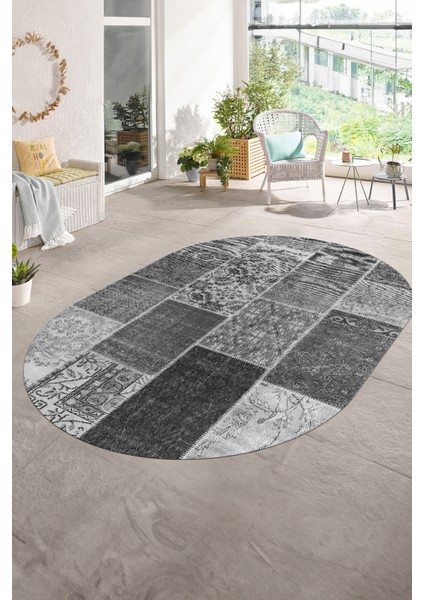 Dijital Kaymaz Yıkanabilir Patchwork Oval Yolluk Mutfak Salon Halısı, N-O-Patchwork-01-Gri,
