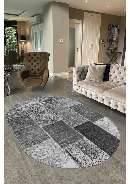 Dijital Kaymaz Yıkanabilir Patchwork Oval Yolluk Mutfak Salon Halısı, N-O-Patchwork-01-Gri, fiyatları