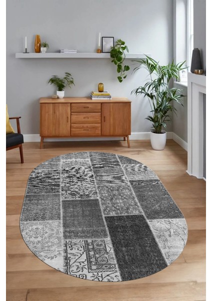 Dijital Kaymaz Yıkanabilir Patchwork Oval Yolluk Mutfak Salon Halısı, N-O-Patchwork-01-Gri, modelleri