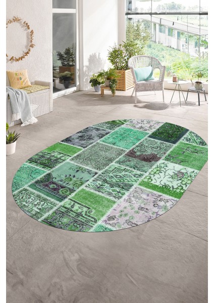Dijital Kaymaz Yıkanabilir Patchwork Oval Yolluk Mutfak Salon Halısı, N-O-Patchwork-04-Yeşil,